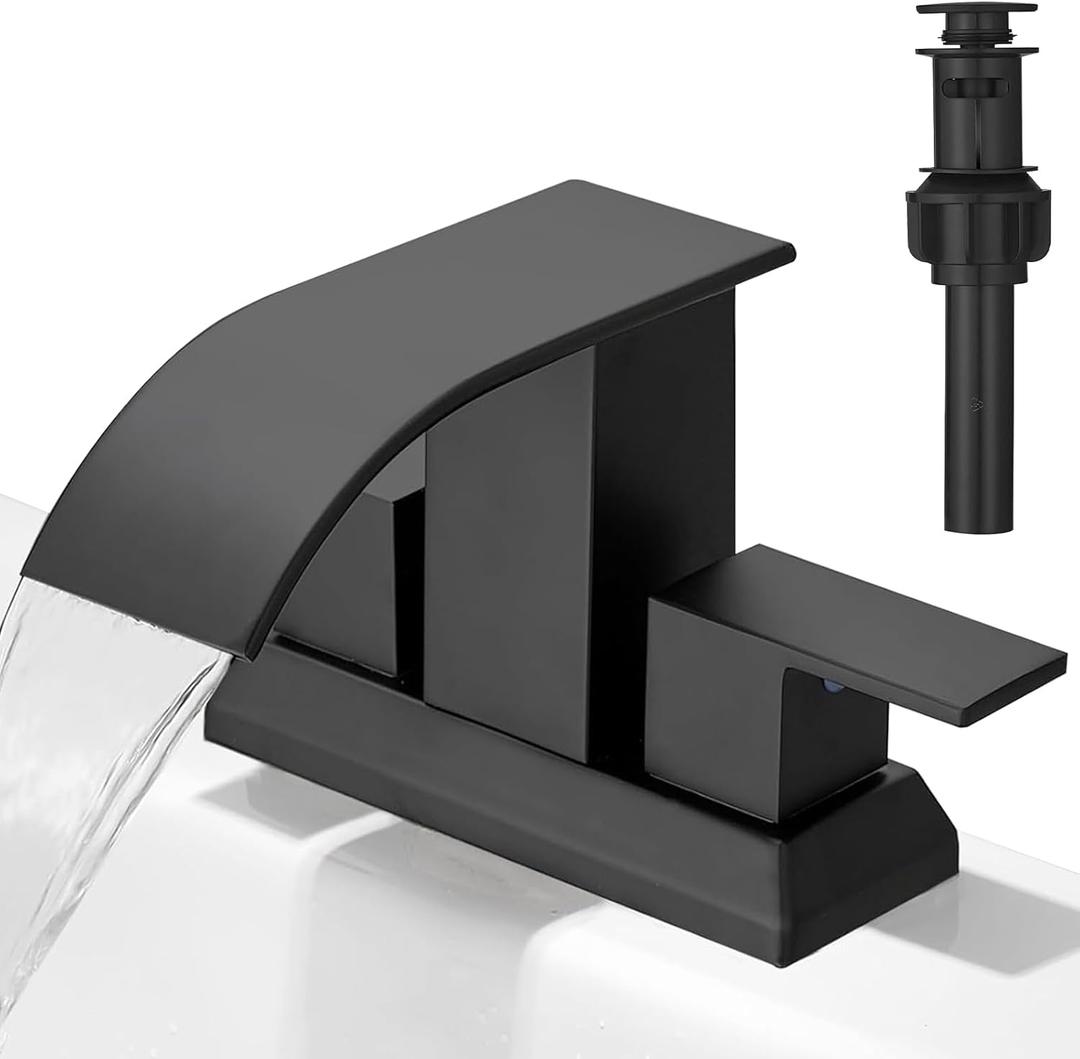 Hoimpro 3 Holes 4 Inch Bathroom Faucet,4" Centerset Vanity Waterfall Bathroom Sink Faucet 2 Hole Two Handles cUPC Supply Hoses Pop Up Drain Matte Black