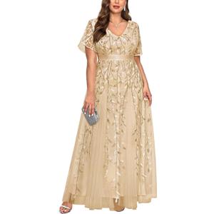 Pinup Fashion Plus Size Formal Dresses - Evening Gowns Wedding Sequin Embroidery V-Neck Prom Long Dress, Size: 18W