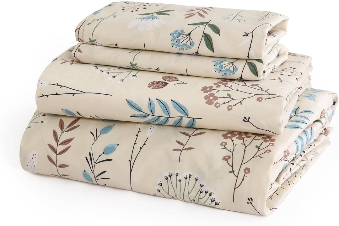 JSD Beige Boho Floral Cotton Sheet Set Full Size, 300 TC Printed Sateen Bed Sheets Deep Pocket, Soft Breathable Wrinkle Free