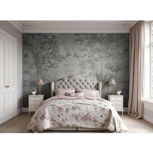 ASJ Forest Peel and Stick Wallpaper Mural, Misty Monochrome Warm Gray | Seamless edge-to-edge match. Sketch tree leaf landscape artwork, 98x62 in, premium fabric, living room bedroom.