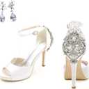 Lady Satin Dress Platform High Heels Wedding Sandals Crystal Back with Free Earrings, Size 38.5