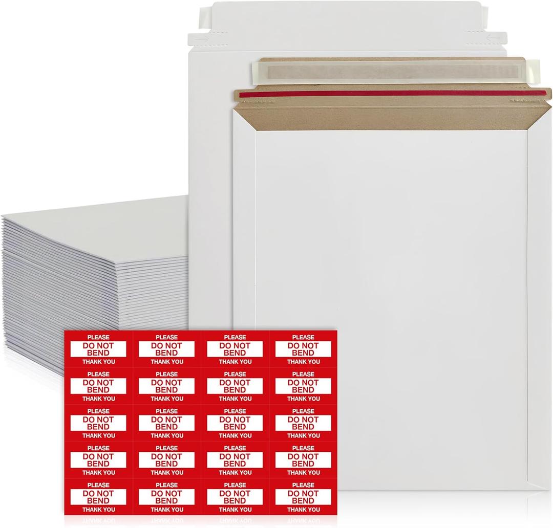 100 Pack 9x11.5 Inches Rigid Mailers  Self Adhesive White Cardboard Envelopes  Used as Mailing Supplies for Documents, Photos, CDs, Magazines, and Literature