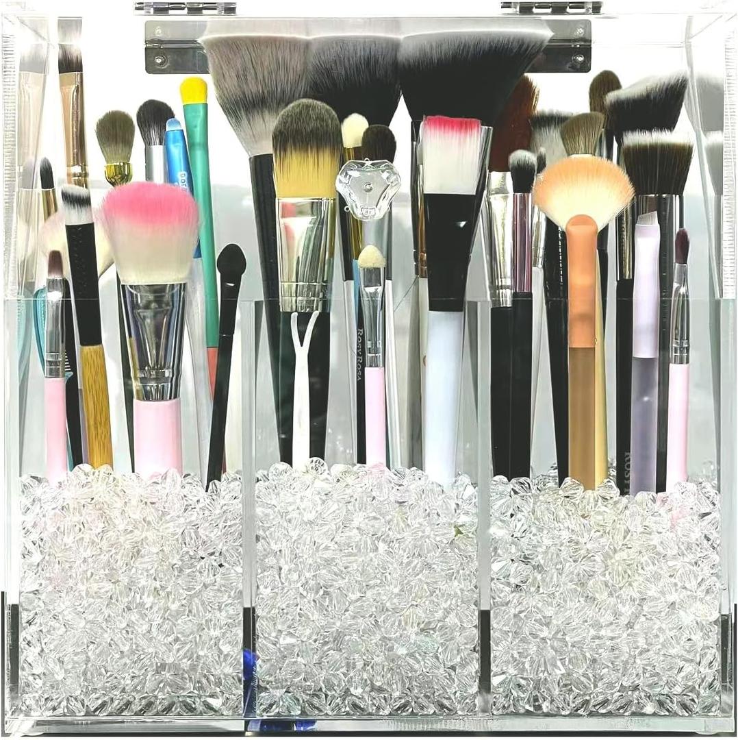 Acrylic Makeup Organizer,Cosmetic Brush Storage Box With 3 Brush Holders Holder Dust Cover, Large-capacity Split Design Can Quickly Organize the Desktop with3 bags of transparent pearls