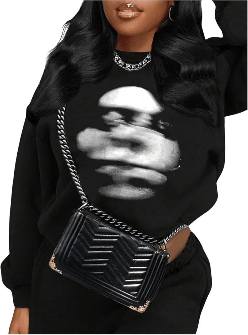 SHENHE Women's Graphic Sweatshirt Y2K Long Sleeve Drop Shoulder Crew Neck Streetwear Goth Sweatshirt (L)