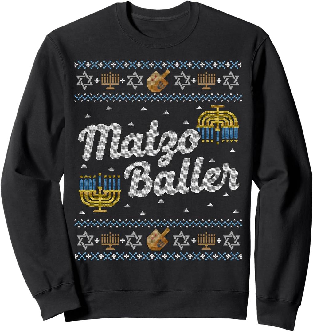 Funny Ugly Hanukkah Sweater Long Sleeve Matzo Baller Matzah Sweatshirt, Blacl, Large