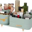 Zufudo Makeup Organizer Countertop with Drawer 360 Rotating Brush Holder Storage Large Capacity Skincare Cosmetic Display Cases for Vanity Bathroom Desktop, Model 3016 Green