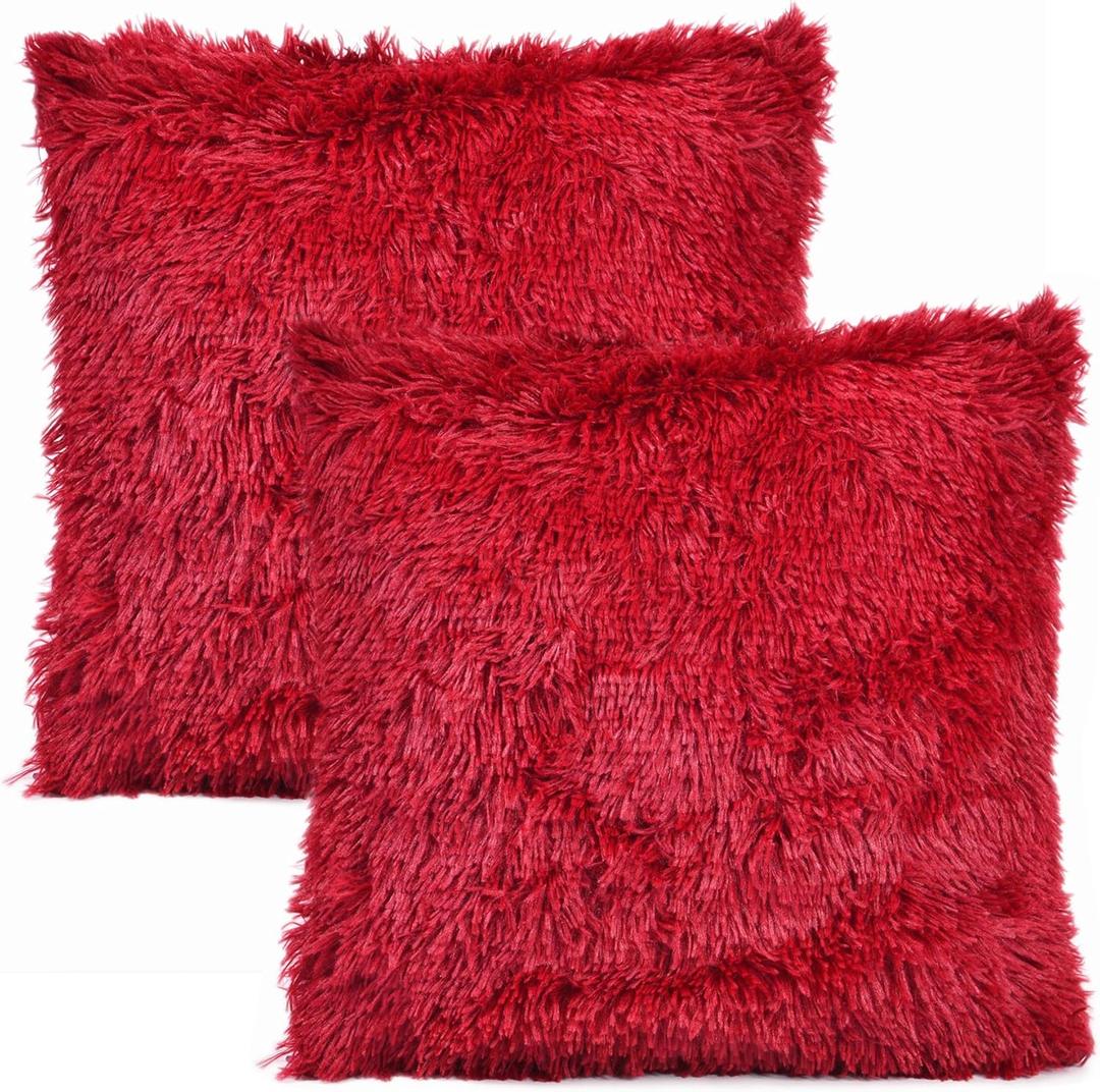 YOUR SMILE Pack of 2, Christmas Decorative New Luxury Series Merino Style Faux Fur Throw Pillow Case Cushion Cover 18" x 18"(Burgundy Red)