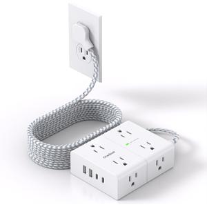 10Ft Extension Cord with Multiple Outlets, Flat Plug Power Strip Surge Protector 10 Ft Long Cord, 8 Outlet 4 USB Ports (2 USB C), Multi Outlet Wall Plug for Office, College, Dorm Room Essentials (White & Grey)