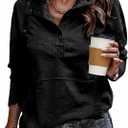 SHEWIN Women's Casual Long Sleeve Stand Neck Sweatshirt Lightweight Button Drawstring Pullover Tops (Black, L)