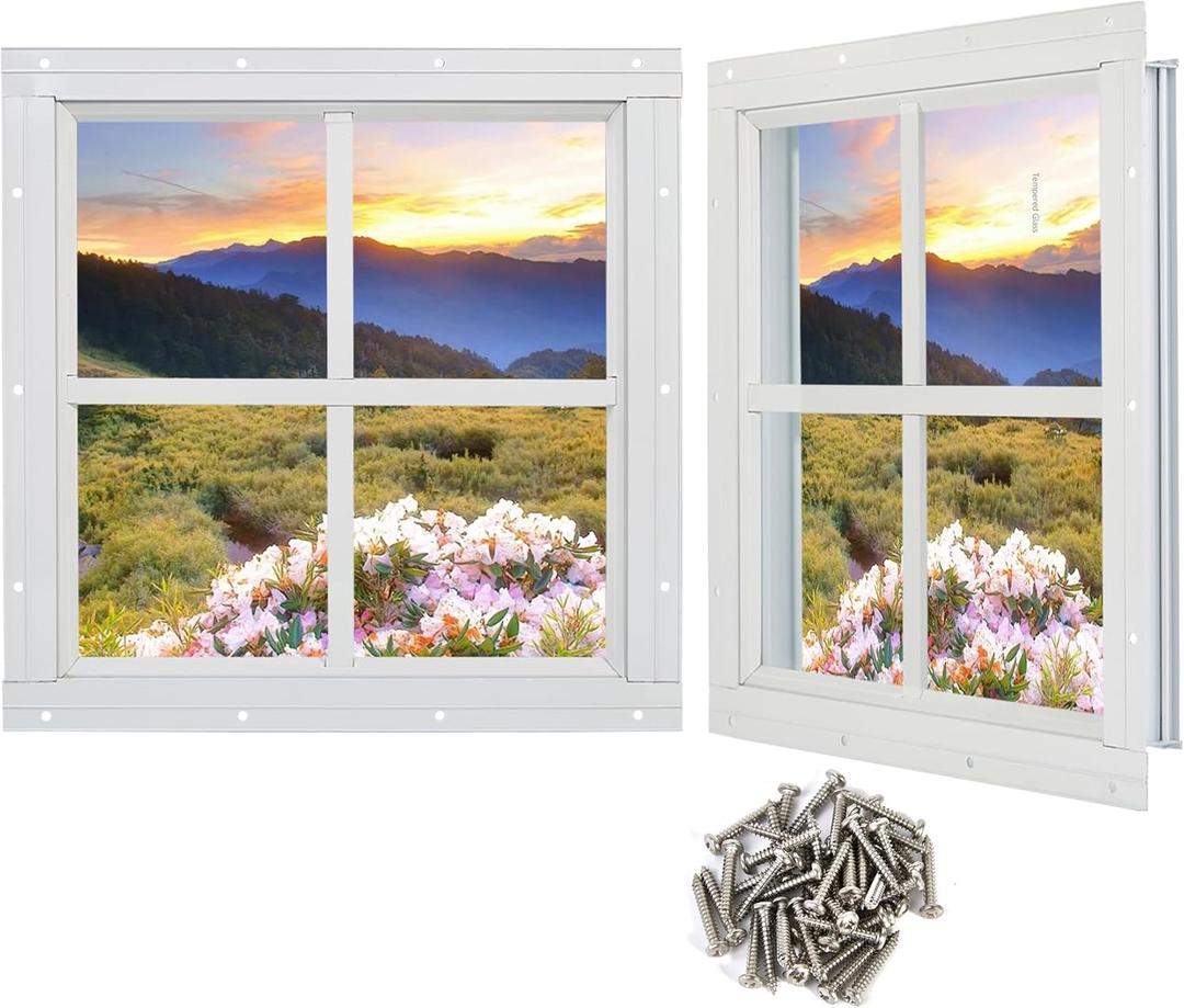 Ktondic Shed Window 2 Pack 12'' x 12'' Square White Flush Mount Shed Transom Window with Tempered Glass and Screws for Shed,Chicken Coop,Barns,Playhouse and Garage