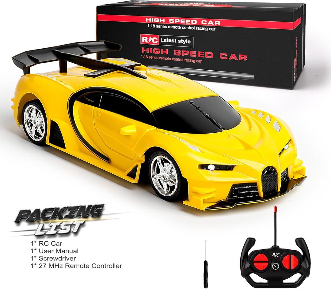 Remote Control Car, Rechargeable High Speed Drift RC Cars Toys for Kids Boys Girls Age 6 7 8-12,1/18 Super Vehicle with Headlight Yellow Racing Hobby Xmas Birthday Gift for Kid