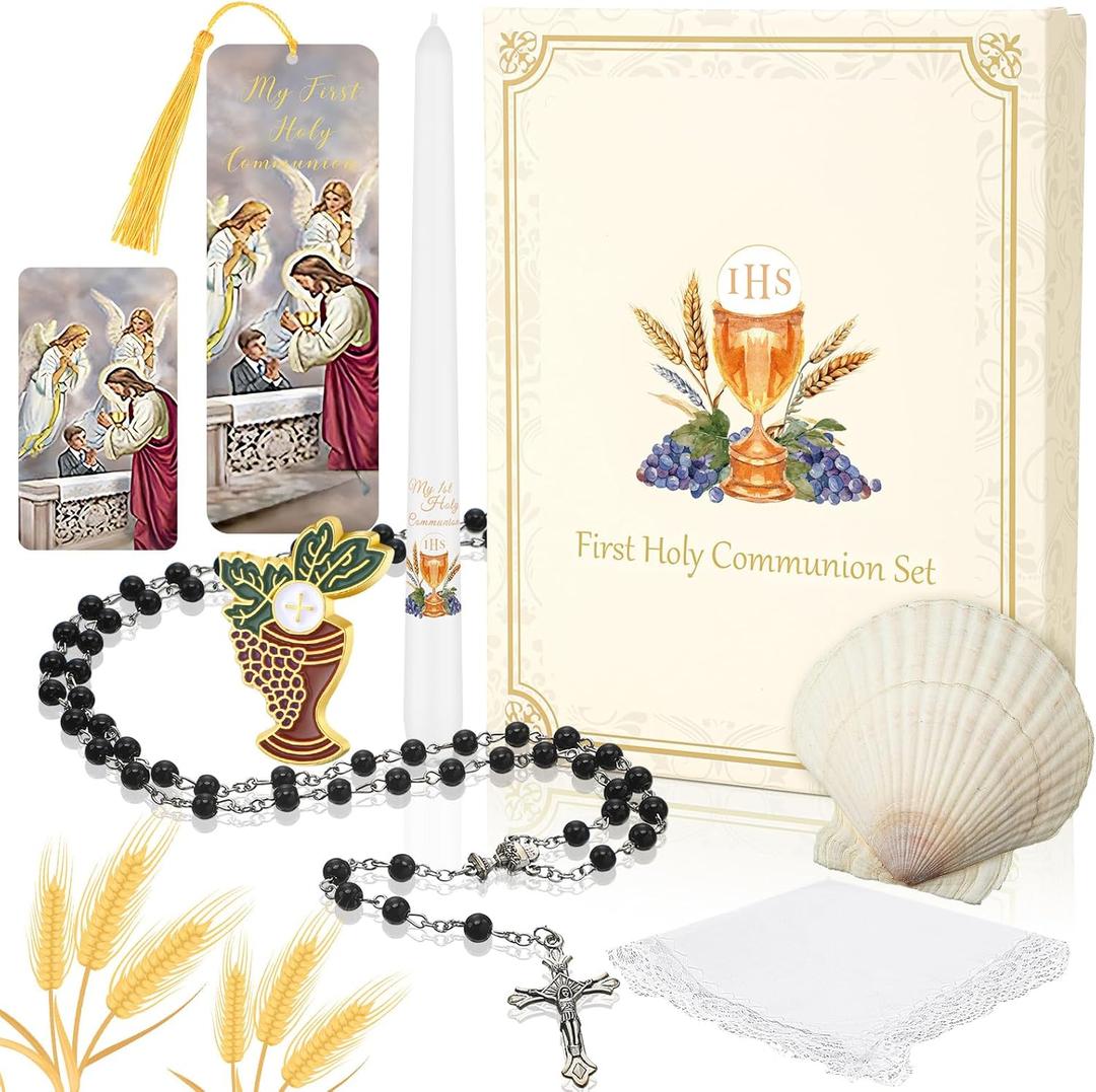 Conelist 7 Pcs First Communion Gift Box Set Catholic Holy 1st Communion Baptism Kit with Candle Rosary Lapel Pin Prayer Card Shell Bookmark Handkerchief for Christian Church Favors(Prayer)