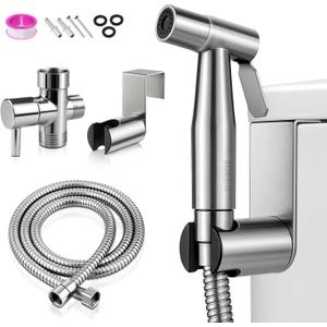 Handheld Toilet Bidet Sprayer, Water Pressure Adjustable Sprayer with Hose and 7/8 "T-Valve, Jet Spray and Soft Spray, for Toilet, Bidet, Shower etc., Stainless Steel, Silver
