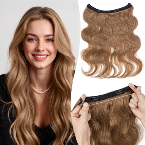 TESSHAIR Halo Hair Extensions Wavy Curly, 100% Real Human Hair,No Tangle & Smooth,Invisible Wire Extensions for Women,55g, 12 Inch,#Wavy Light Brown