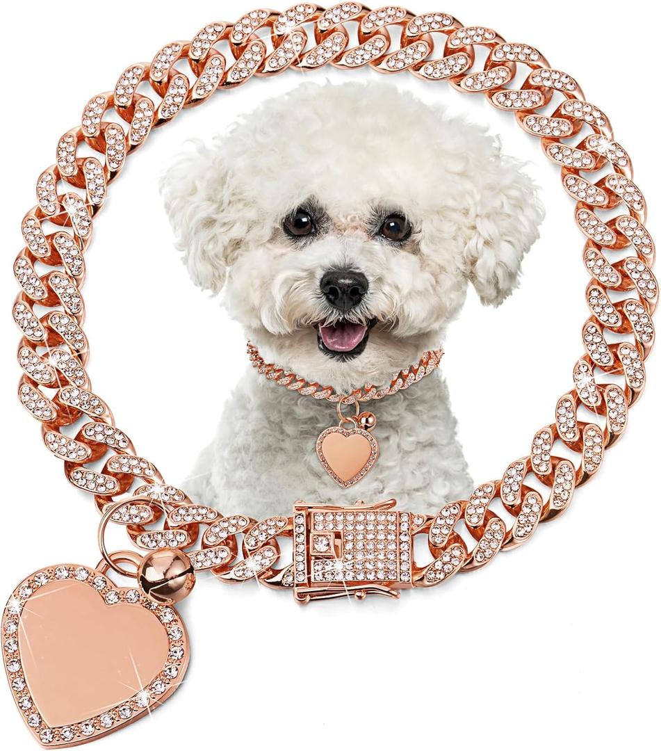 Hillban Dog Chain Gold-Plated Diamond Collar with Heart Rhinestones Jewelry Pet ID Tag Chain Bling Puppy Collar with Personalized Name Tag for Small Medium Large Dog Cat(Rose Gold, 14 Inch)