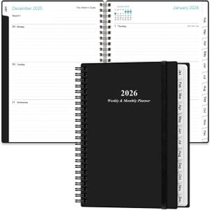 Planner 2026 - A5 Weekly & Monthly Planner Spiral Bound, January 2026 - December 2026, with Flexible Cover, Tabs, Inner Pocket, 6.4" x 8.5", Black