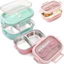 2 Pack Stainless Steel Lunch Container 28oz with Cutlery, 2 Compartment Bento Box, Leakproof Food Storage Container for Adults Family Office Work Picnics Travel, Green and Pink