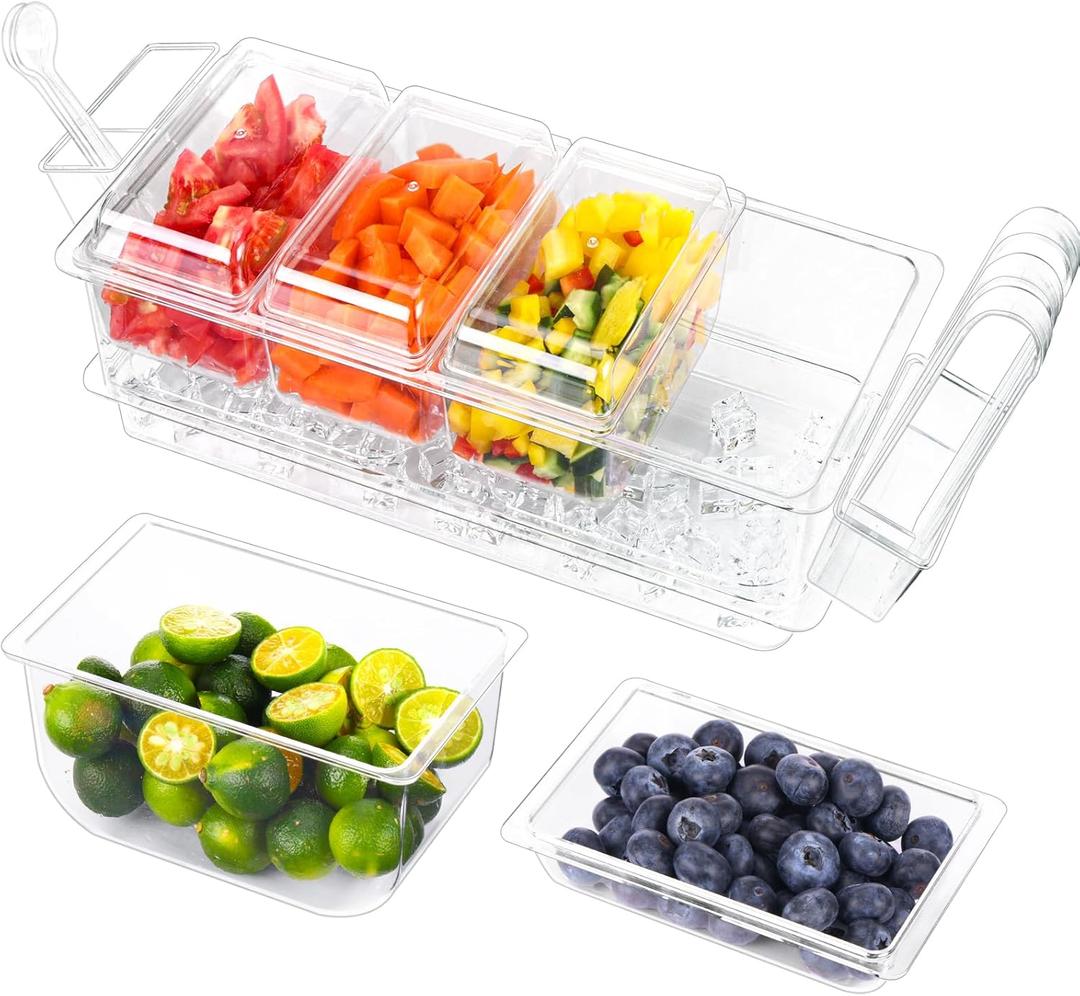 Ice Chilled Condiment Organizer with Detachable Ice Box & Hanging Side Bins  Ice Chilled Taco Bar Serving for Parties, Fruits, Salad  Includes Tongs, Spoons (BPA-Free) (4 Compartments)