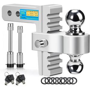 Aircraft Aluminum Adjustable Trailer Hitch for 2 Inch Receiver, Tow Dual Ball 2'' & 2-5/16'' Towing Weight 12,500 LBS, 6'' Drop/Rise, Lightweight/Anti Rust Anti Rattle, Bulletproof Lock Pin