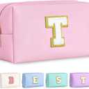 TOPEAST Dorm Room Essentials for Girls - Pink Initial Makeup Bag, College Essentials PU Leather Bag | Travel Car Essentials | Cute Stuff Birthday Gift for Friends Sister (Pink T)