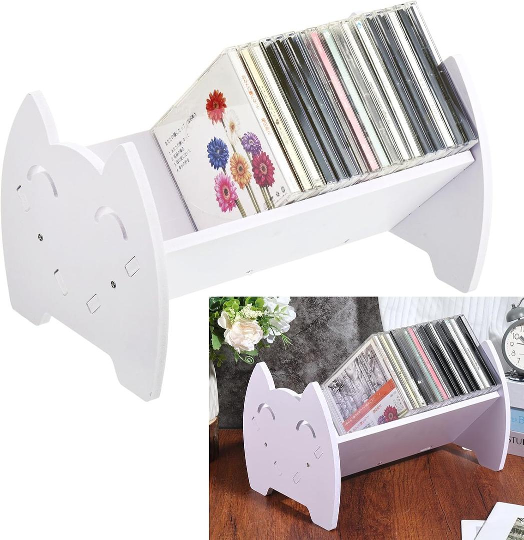 Rainmae CD Holder Desk Video Game Storage Organizer, PVC DVD Storage Rack with Cute Smile Face, Game Box Display Stand for DVDs PS4 PS5 Video Cases Books, Holds 30 CD Case, Easy Assembly, White
