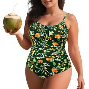 Zando Plus Size Bathing Suit for Women One Piece Swimsuit Athletic Shapewear Spaghetti Strap Swim Suits Tummy Control Swimsuit One Piece Beach Swimwear Green Print 18 3XL