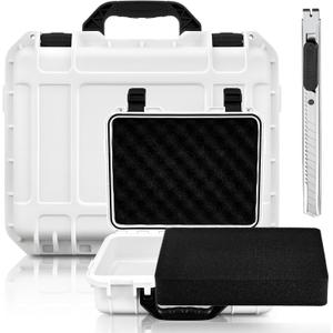 1 Pcs 8.5 x 6.5 x 3.7 Inch Waterproof Hard Case with DIY Customizable Foam Insert Portable Protective Case with Knife for Camera Drones Equipments Tools Test Instruments (White)