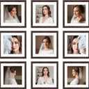 10x10 Picture Frame Set of 9, Display Pictures 8x8 with Mat or 10x10 without Mat, Multi Collage Gallery Square Photo Frames for Wall or Tabletop, Brown