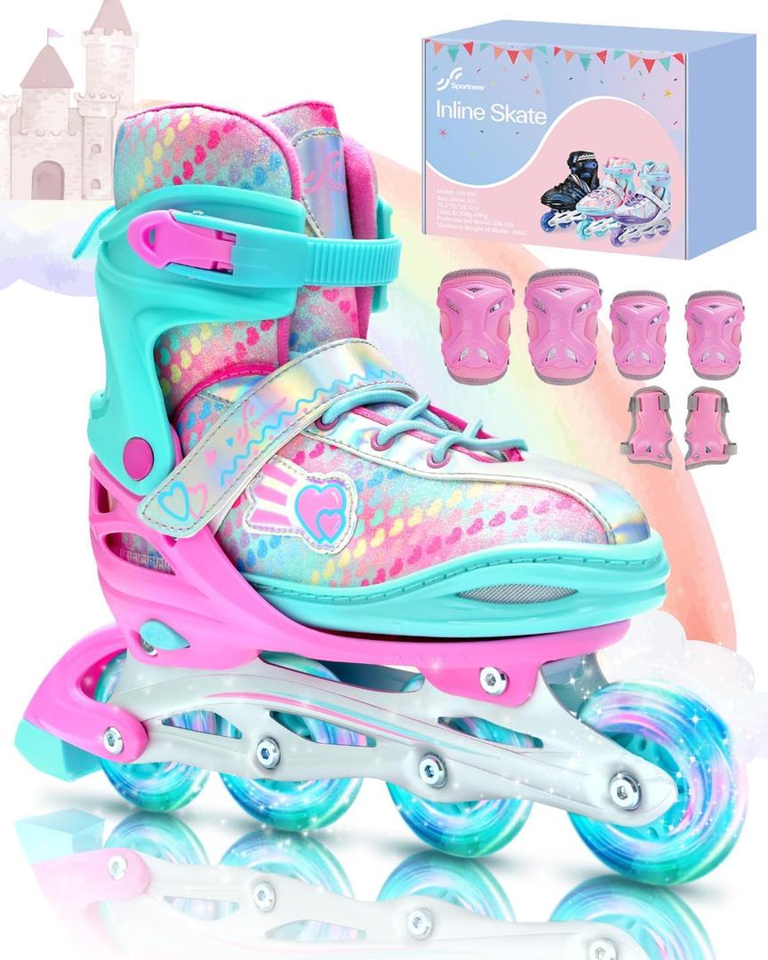 Sportneer 4 Size Adjustable Inline Skates for Girls, Kids Inline Skates Size 12C-9 with Light Up Wheels Roller Blade with Protective Gear Set for Kids Girls Women Beginners Indoor & Outdoor Use (Medium - Big Kid, Pink)