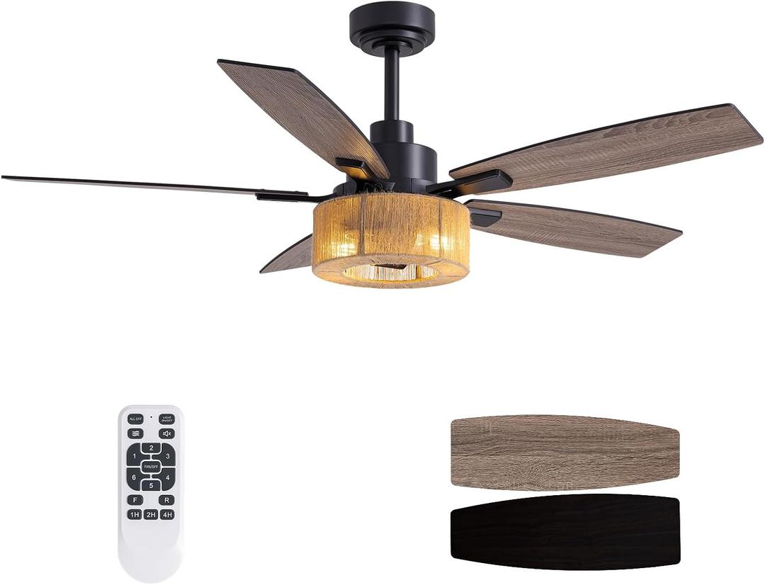 52 Inch Boho Black Hemp Ceiling Fans with Lights and Remote Control, Farmhouse Caged Rattan Ceiling Fan for Dining Room, Bedroom, Living Room and Patio, Indoor/Outdoor (Memoir)