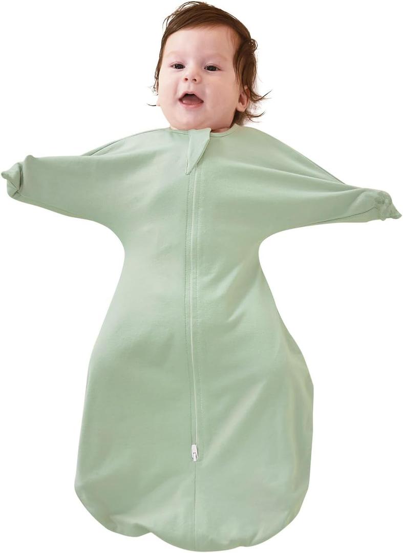 ZIGJOY Baby Transitional Swaddles for Newborns: 0.5 Tog Arms Up Sleep Sack 6-12 Months Soft Cotton Shark Fin 2 Way Zipper (Green)