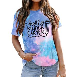 Hello Kindergarten Teacher Shirt Women First Day of Kindergarten Shirt Casual Short Sleeve Tee Top Blouse Blue Pink (M)