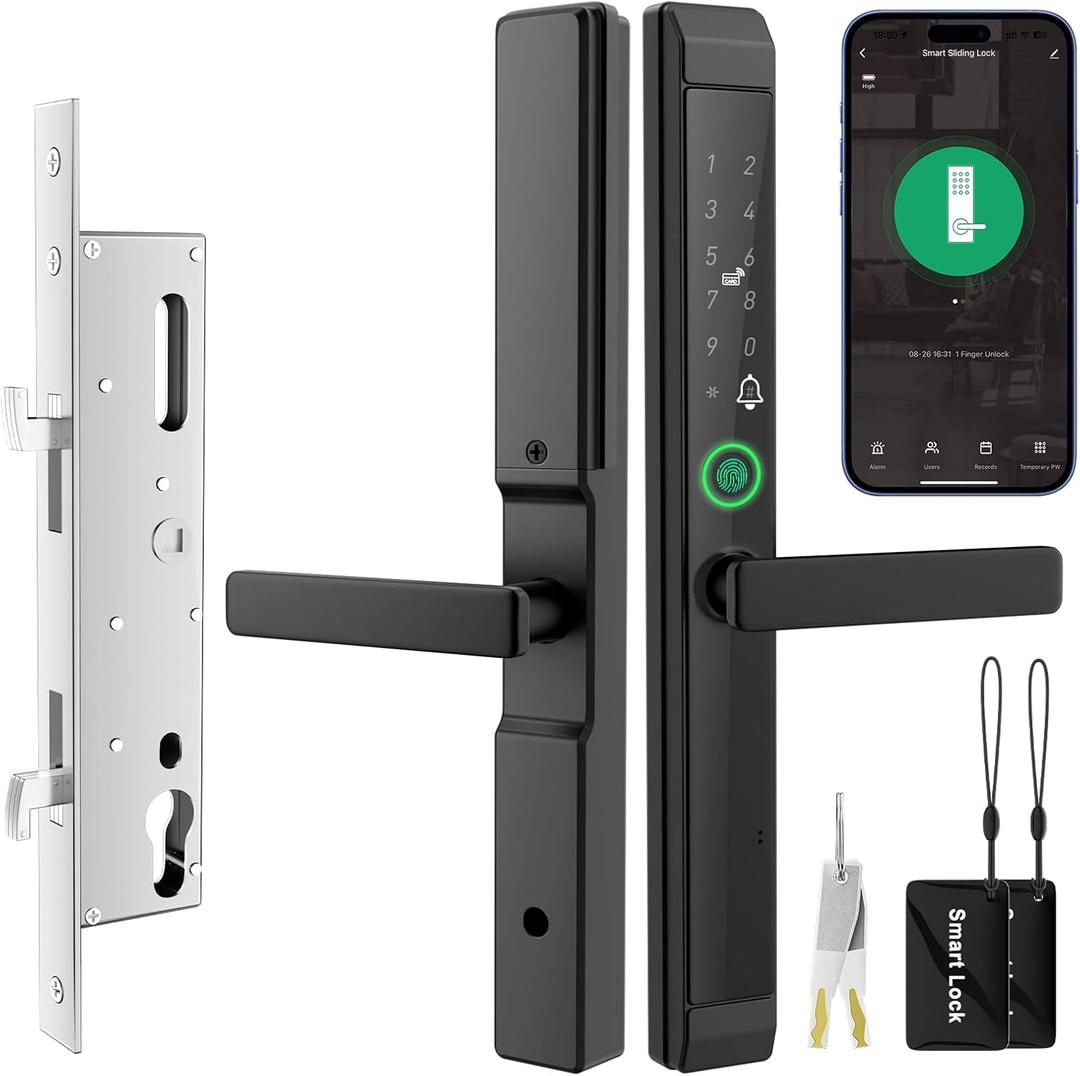 Sliding Door Smart Lock, Sliding Glass Door Lock with Fingerprint, JNZCH Smart Mortise Lock with App Control, IC Card, Keys, Anti-Peep Touchscreen, Perfect for Patio, Home (Black)