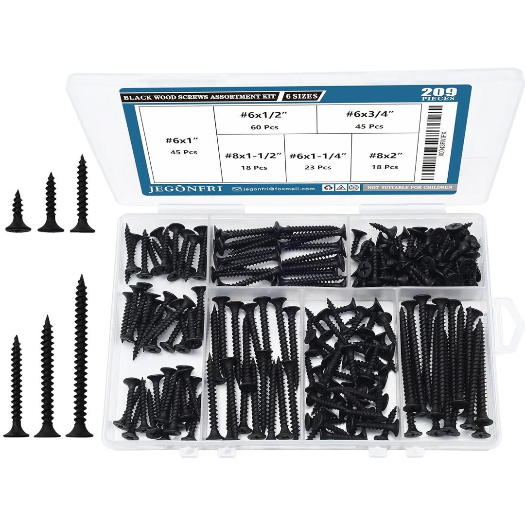 High Hardness Black Wood Screws Assortment Kit, 209 pcs, Phillips Drive Flat Head, Wood Screws, Screws, Drywall Screws, Assorted Screws, Screws Set, 6 Sizes (2,1-1/2,1-1/4,1,3/4,1/2)