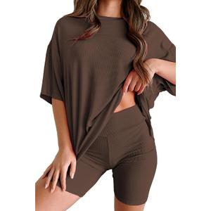Women's 2 Piece Lounge Set 2026 Summer Casual Outfit Oversized Tshirts & Biker Shorts (Brown, L)
