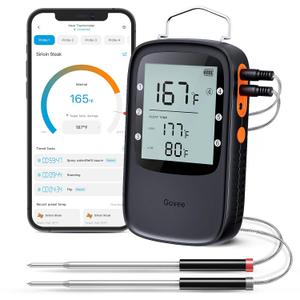 Govee Bluetooth Meat Thermometer, Wireless Meat Thermometer for Smoker Oven, Digital Grill Thermometer with 2 Probes, Timer Mode, Smart LCD Backlight BBQ Thermometer for Cooking Turkey Fish Beef (Black)