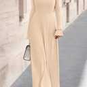 PRETTYGARDEN Womens Dresses Formal Off The Shoulder Long Sleeve Ruched Knit A-Line Maxi Wedding Guest Dress Fall Clothes (Beige, L)