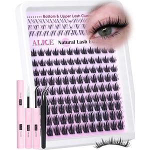 ALICE Lash Clusters Kit Natural Anime Eyelash Clusters Kit 10-14mm Wispy Manga Cluster Eyelash Extension Kit Sipky Clear Band Individual Cluster Lashes with 5-7mm Bottom Lashes Bond and Seal