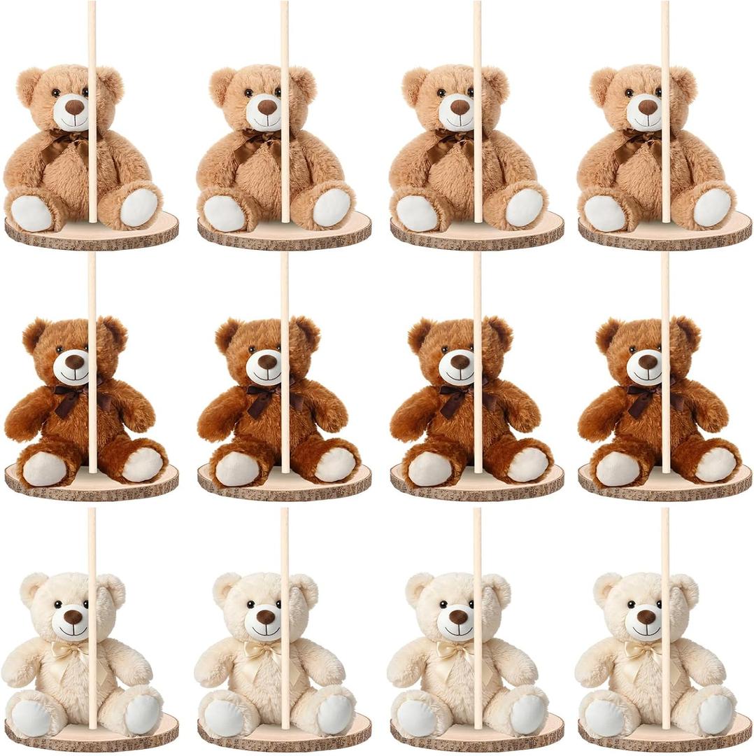 Canlierr 12 Set Bear Centerpieces for Baby Shower Decor Includes Wooden 23-26in Bear Rounds Circles Slices with Stick DIY Craft Birthday Wedding Gender Party Table Decorations, 3 Colors