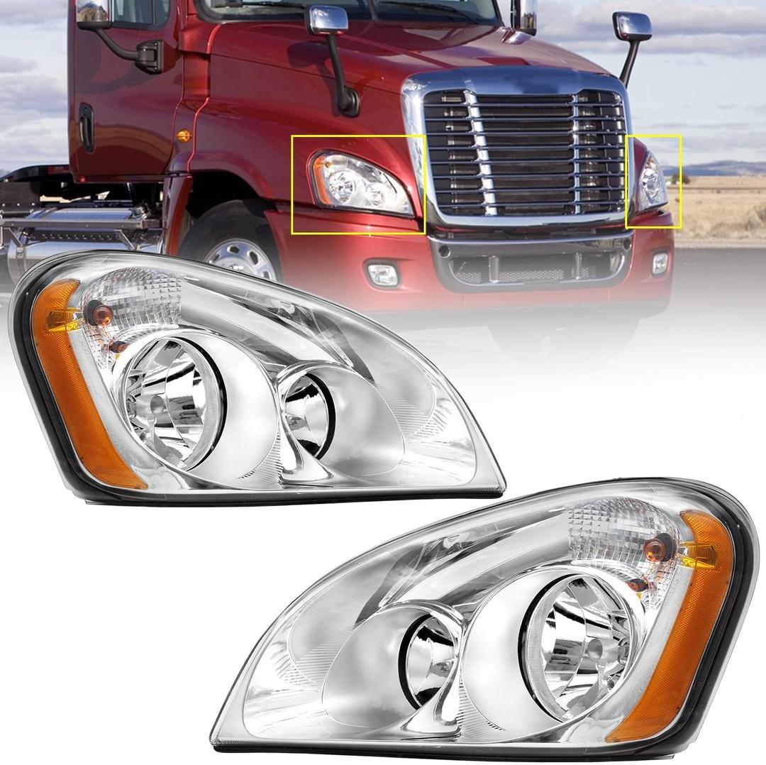 Headlights Assembly Compatible with 2008-2016 Freightliner Cascadia, Halogen Headlamps Assembly, Chrome Housing Clear Lens (Pair)