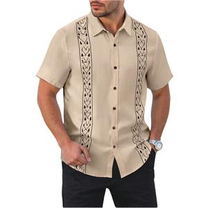 Men's Vintage Bowling Shirts Short Sleeve Button Up Tropical Beach Summer Shirts (Beige, XXL)