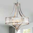 Brushed Nickel Chandeliers for Dining Room, Rustic Farmhouse Crystal Chandelier with Round Metal Shade, Modern 6-Light Large Light Fixture for Hallway, Bedroom, Foyer