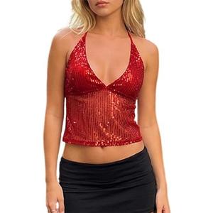 Women Sexy Sparkly Sequin Halter Backless Camisole Y2k Shiny Vneck Spaghetti Strap Tie Up Crop Tank Top Rave Clubwear No Size