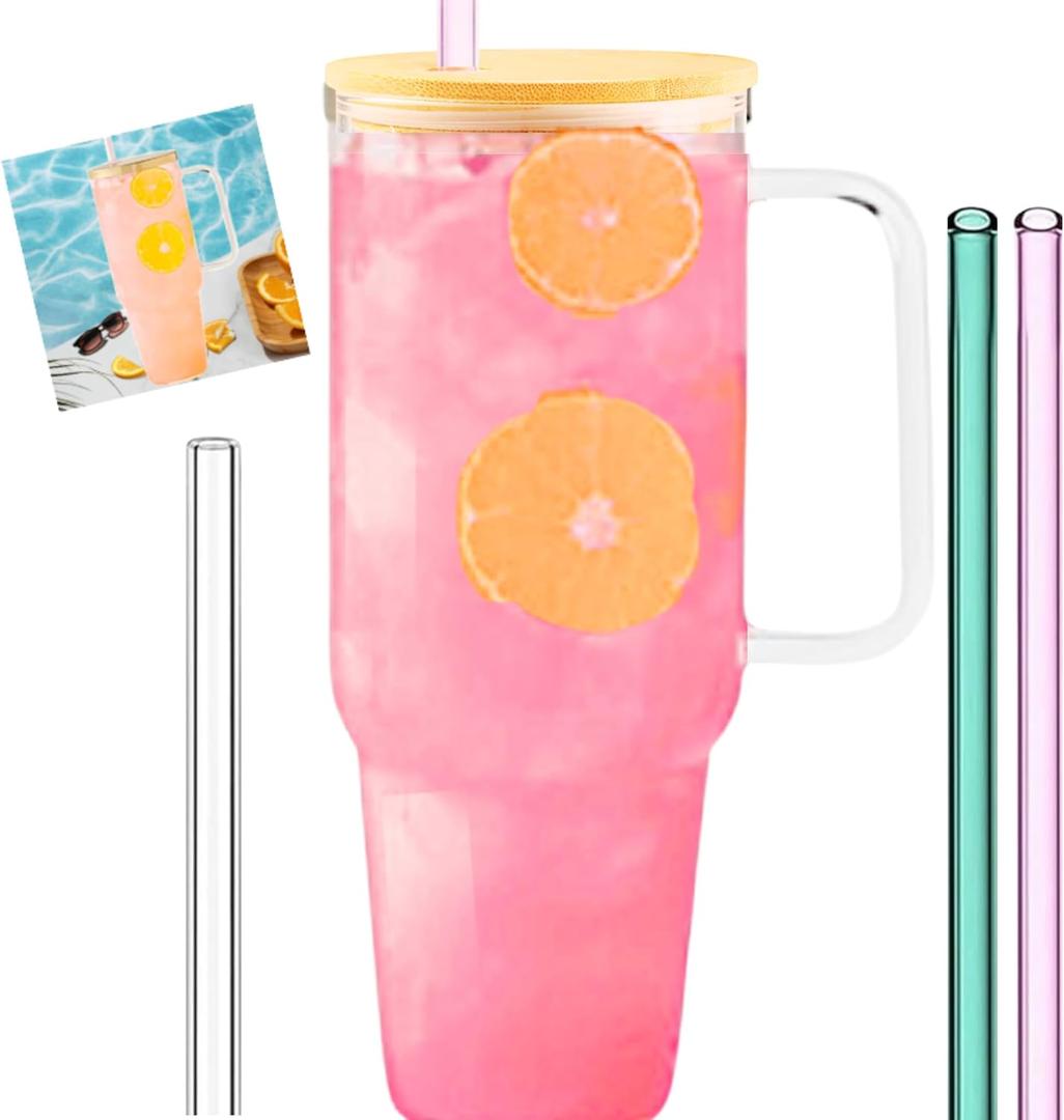 40oz Glass Tumbler, 3 Glass Straws, Natural Lid, Slender Handle, Elevate Your Style, Coffee Cup, Water Bottle, To Go, Reusable, All Natural, No Plastic