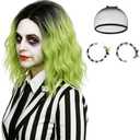 Wiggy Mermaid 14'' Short Ombre Green Wig Women + Earrings Accessories, Shoulder Length Wavy Green Bob Wig St.Patrick's Day Wig + Cap for Halloween Costume Party Cosplay