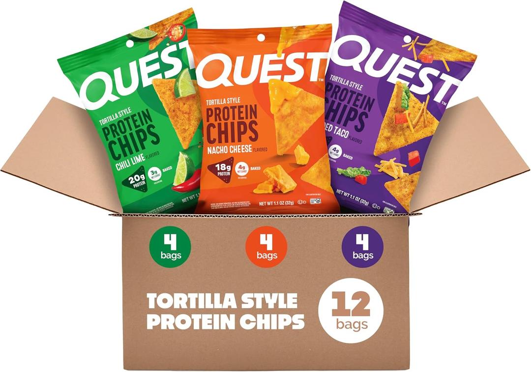 Quest Nutrition Tortilla Style Protein Chips Variety Pack, Chili Lime, Nacho Cheese, Loaded Taco, Low Carb, High Protein, Gluten Free, 1.1 oz (Pack of 12) (EXP 11/24/26)