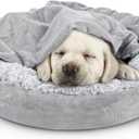 JOEJOY Small Dog Bed Cat Bed with Hooded Blanket, Cozy Cuddler Luxury Puppy Pet Bed, Donut Round Calming Anti-Anxiety Dog Burrow Cave Bed - Anti-Slip Bottom and Machine Washable 23 inch (Grey)
