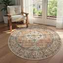 Lahome Oriental Washable Round Rugs, Non-Slip Round Rug 4ft Ultra-Thin, Vintage Soft Small Circle Carpet for Entryway Kitchen Bedroom Nursery Bathroom Eleanor, Peach/Orange