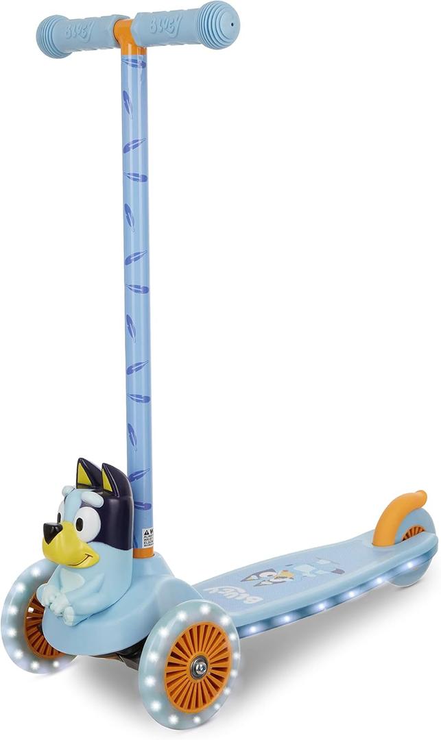 Bluey 3D Kick Scooter for Kids, Self-Balancing 3 Wheeled Light Up Scooter with Extra Wide Anti-Slip Deck, Rear Brake, Lean to Steer, Lightweight Design, for Kids 3 and up, 75 LB Limit