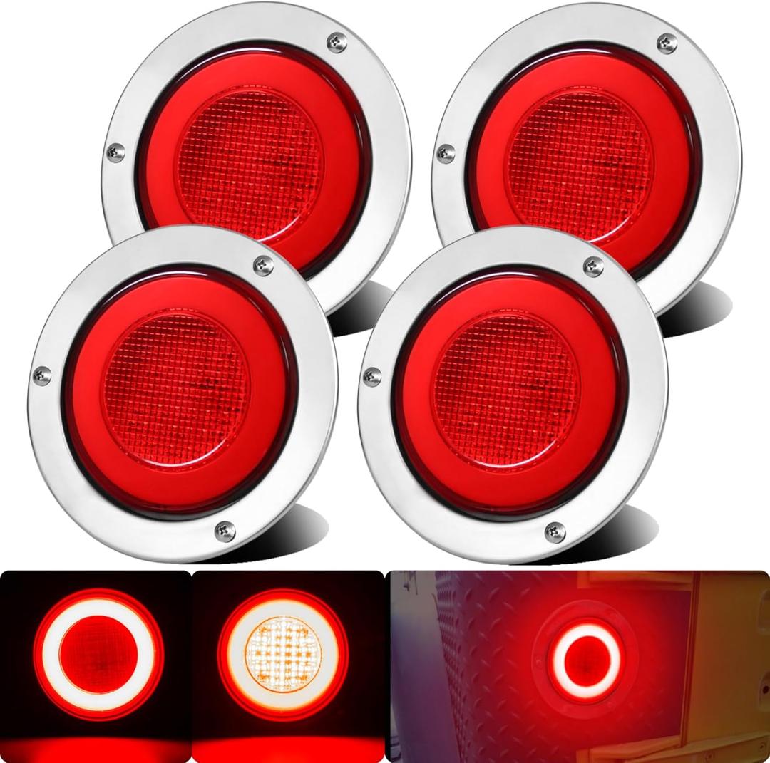4pcs 4 inch Round LED Trailer Trucks Halo Brake Stop Running Turn Signal Tail Lights Red 64 LEDs w/Stainless Bezels Flange Mount Sealed Waterproof IP67 For RV/Van, DC 12V